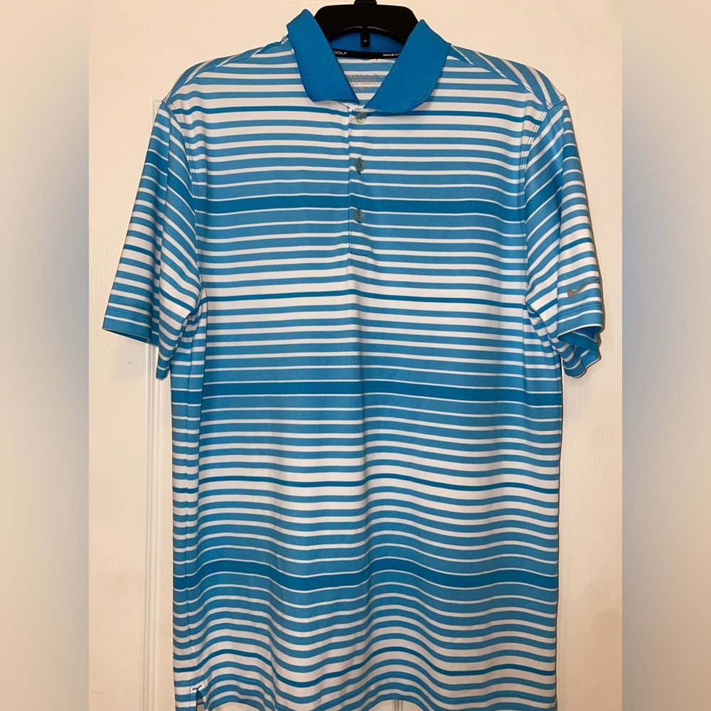 Blue and White stripped, Nike Golf, short sleeve polo shirt.